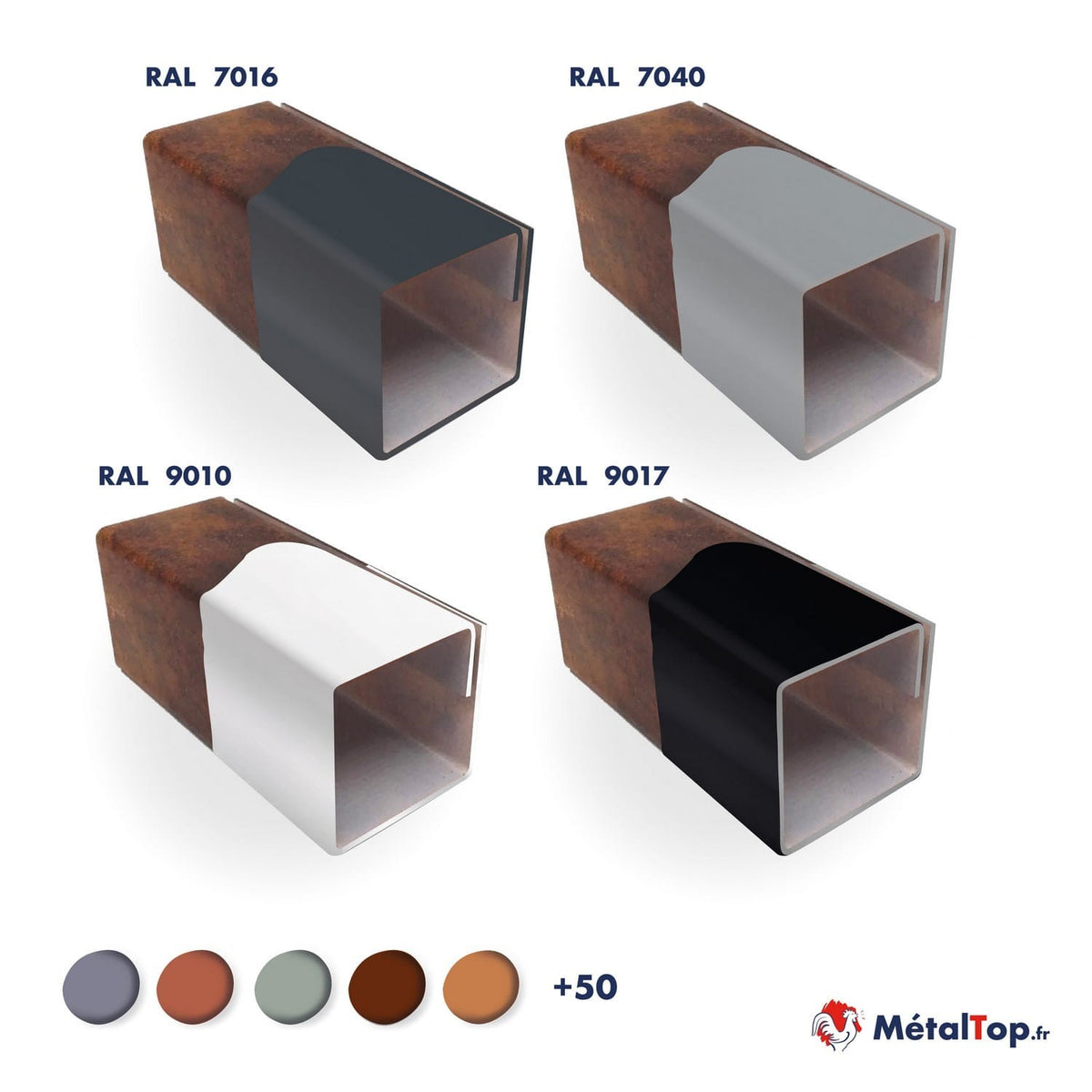 Profilés carrés en acier aux couleurs RAL 7016, 7040, 9010 et 9017, intérieur rouillé