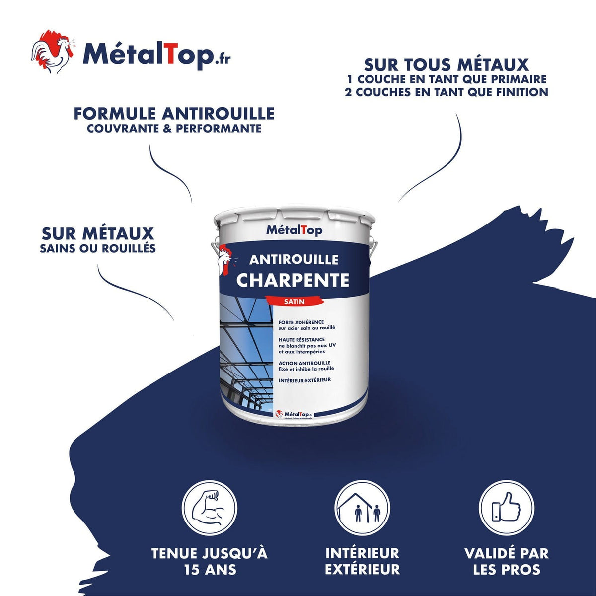 Pot de peinture antirouille charpente MétalTop finition satin, fond bleu marine