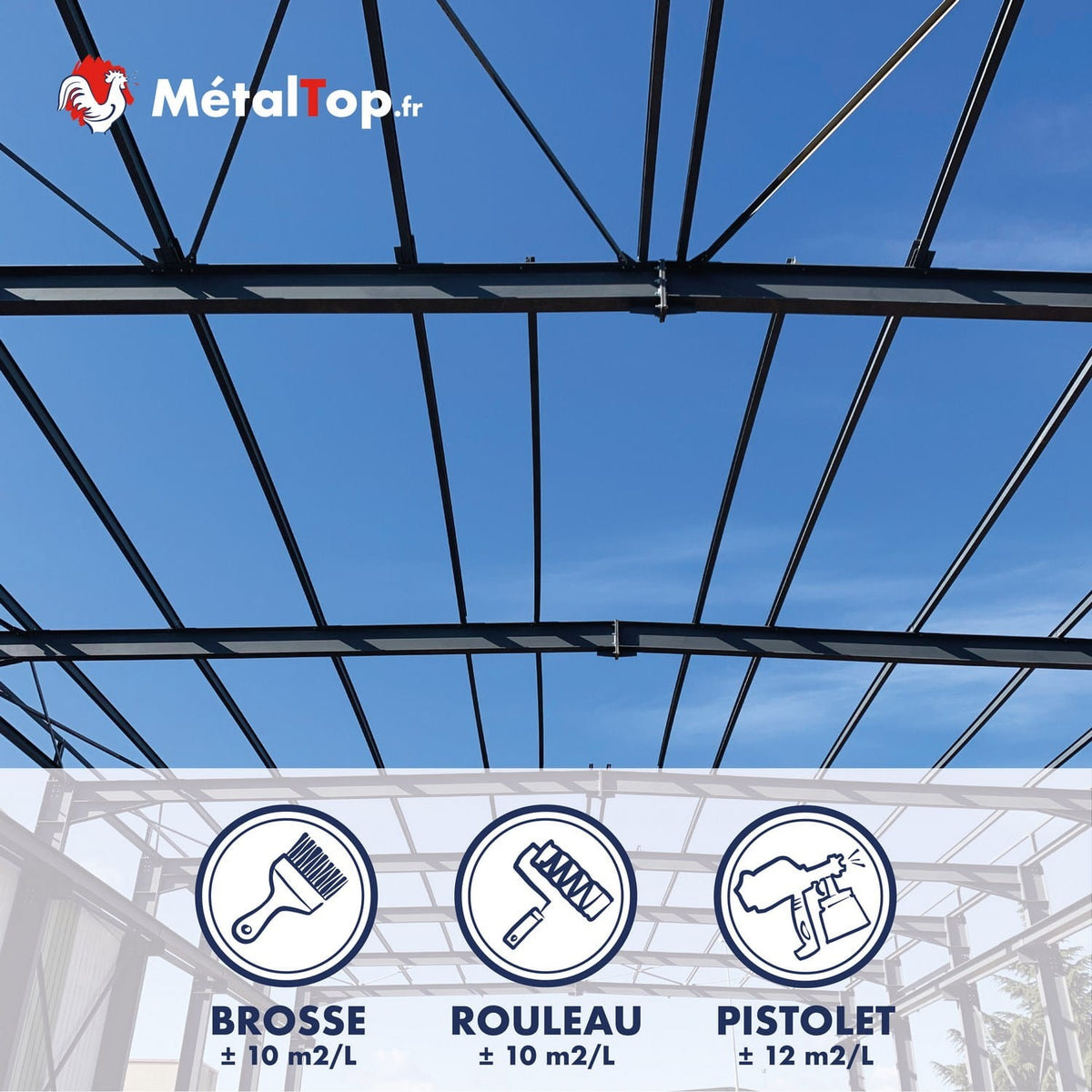 Charpente métallique noire sous ciel bleu, icônes brosse, rouleau et pistolet pour peinture métal