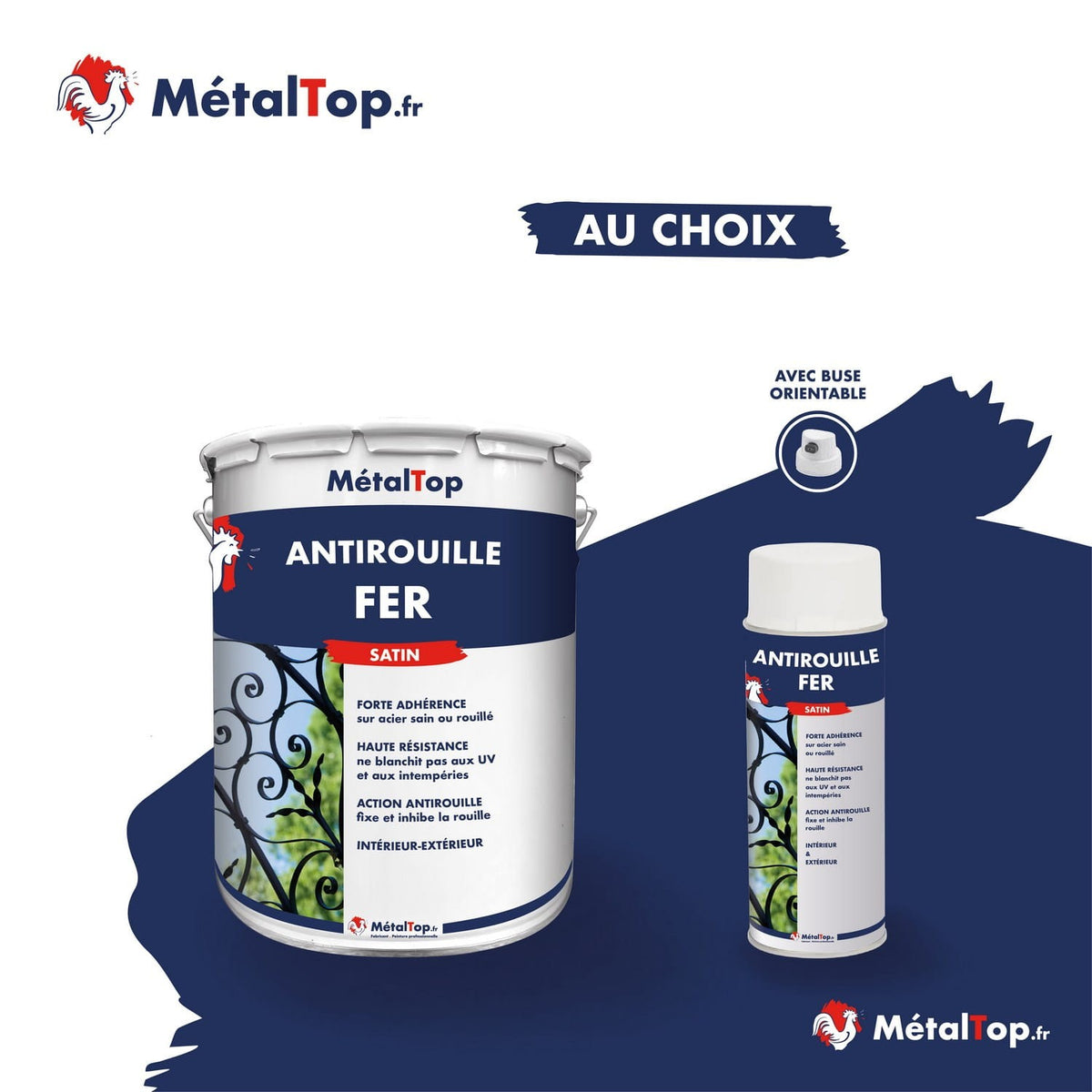 Bidon et bombe aérosol de peinture Antirouille Fer MétalTop, finition satin