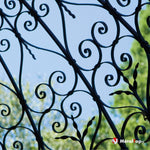 Grille en fer forgé noir à volutes et spirales sur fond de ciel bleu et feuillage vert