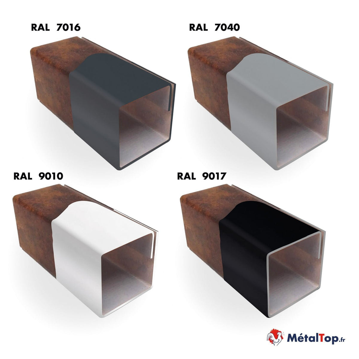 Quatre profilés carrés aux teintes RAL 7016, 7040, 9010 et 9017, avec aspect rouillé à l'intérieur