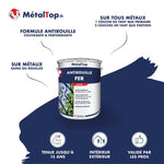 Pot de peinture antirouille MétalTop Fer satin bleu marine, visuel produit avec grille en fer forgé