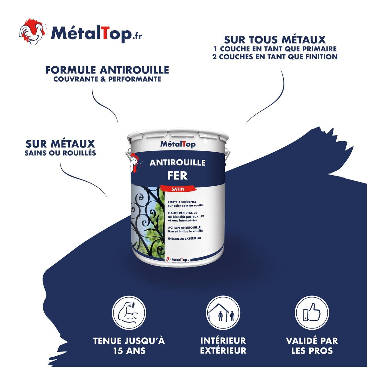 Pot de peinture antirouille MétalTop Fer satin bleu marine, visuel produit avec grille en fer forgé