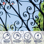Grille en fer forgé noir à volutes sur ciel bleu, logo MétalTop et pictogrammes de peinture