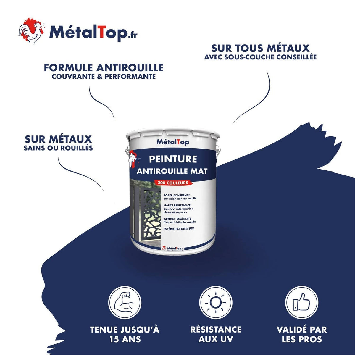 Pot de peinture antirouille mat MétalTop 200 couleurs, pour métaux sains ou rouillés