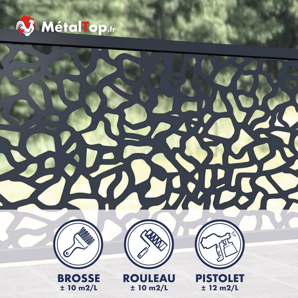 Clôture métal noir à motif de pierres ajourées, rendements peinture brosse, rouleau et pistolet