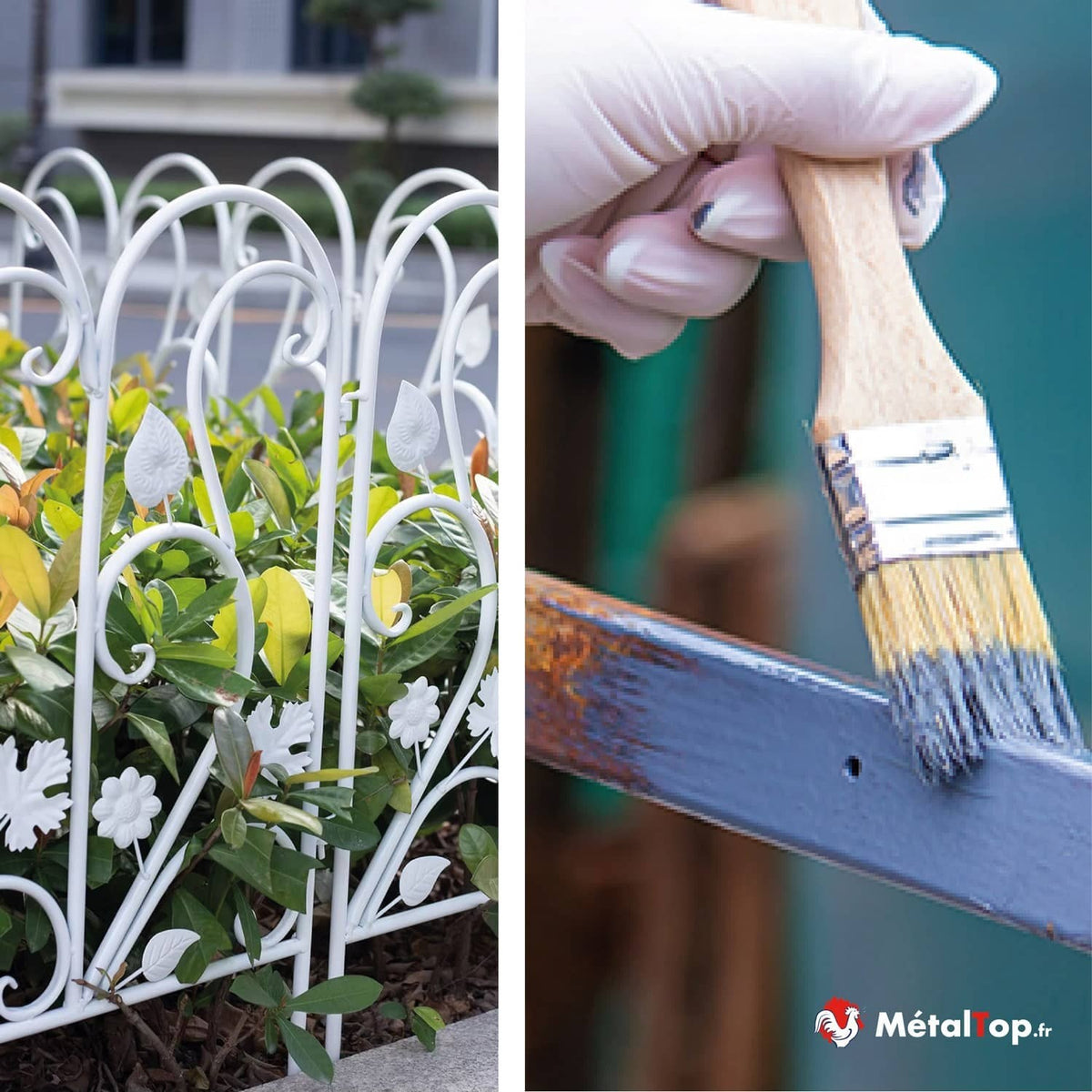 Clôture de jardin en métal blanc ornée de fleurs; pinceau peignant une barre métallique bleue