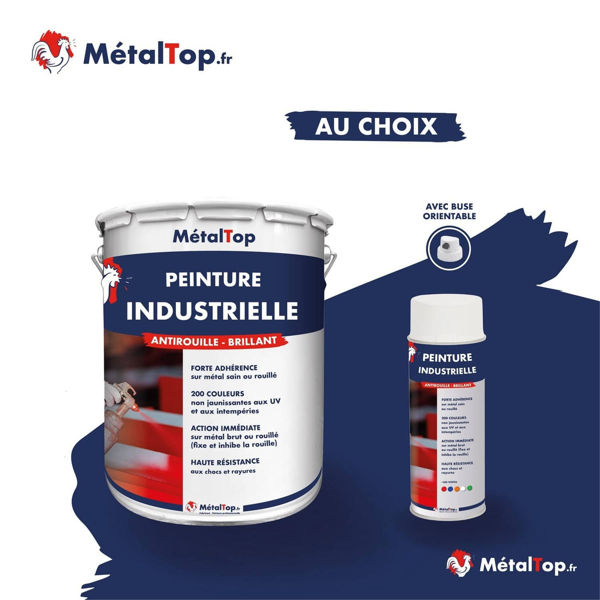 Pot de peinture industrielle antirouille brillante MetalTop et bombe aérosol à buse orientable