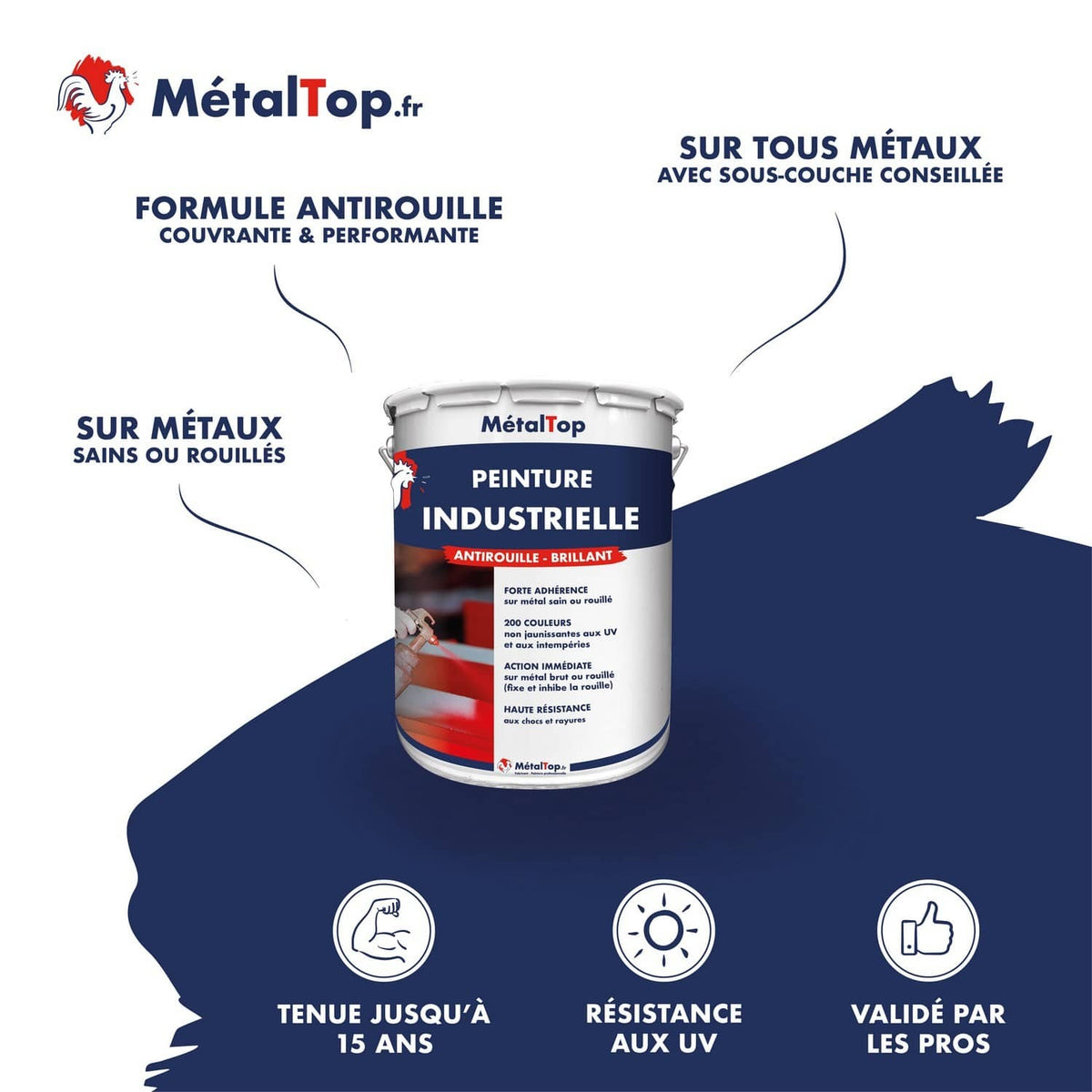 Pot de peinture industrielle MétalTop antirouille brillant bleu marine