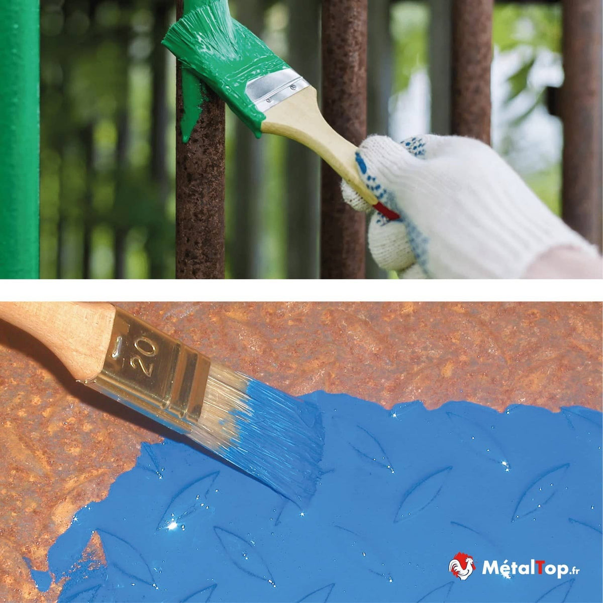 Peinture sur métal rouillé au pinceau : grille passée en vert et tôle bleue appliquée