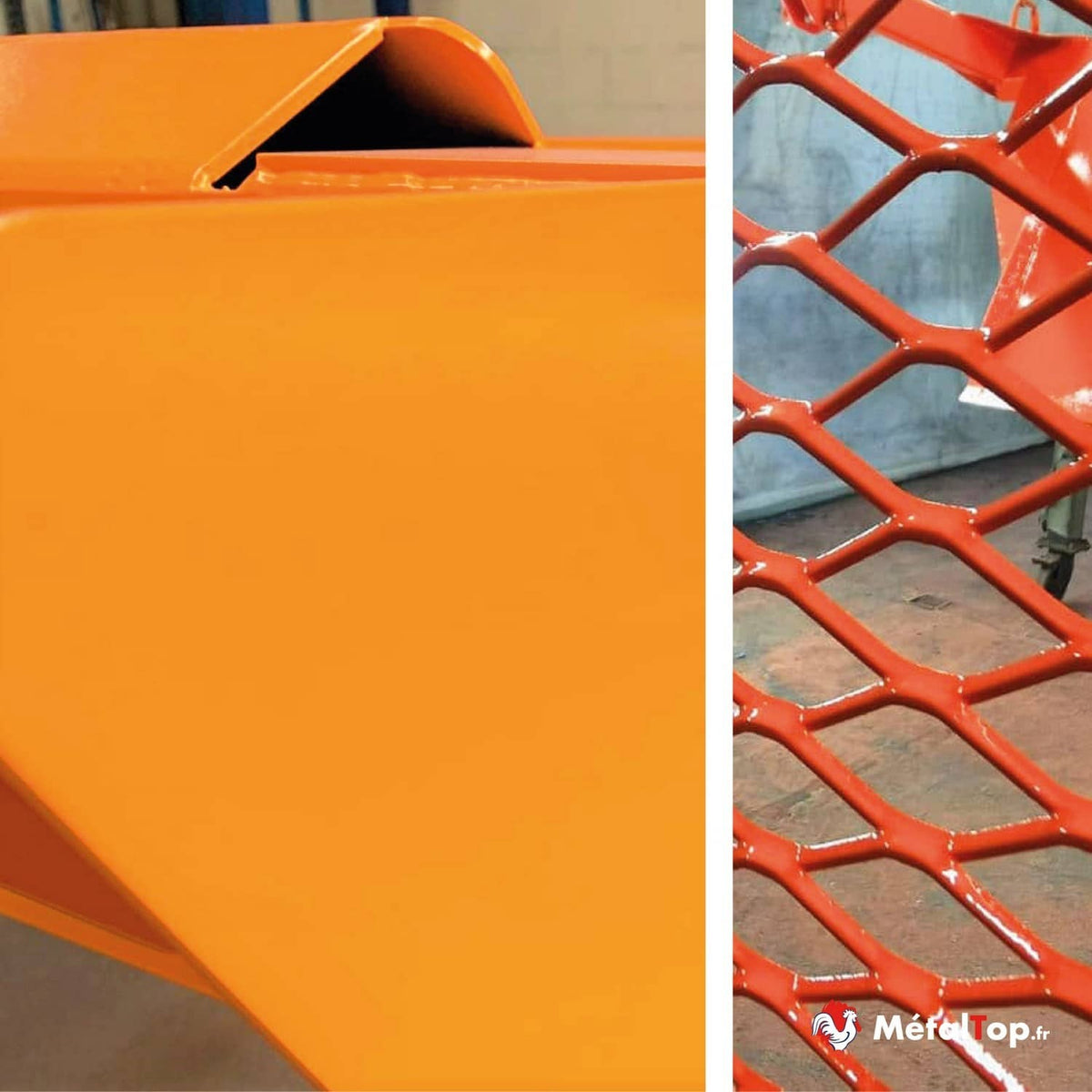 Tôle pliée et grille métallique déployée peintes en orange, vue rapprochée