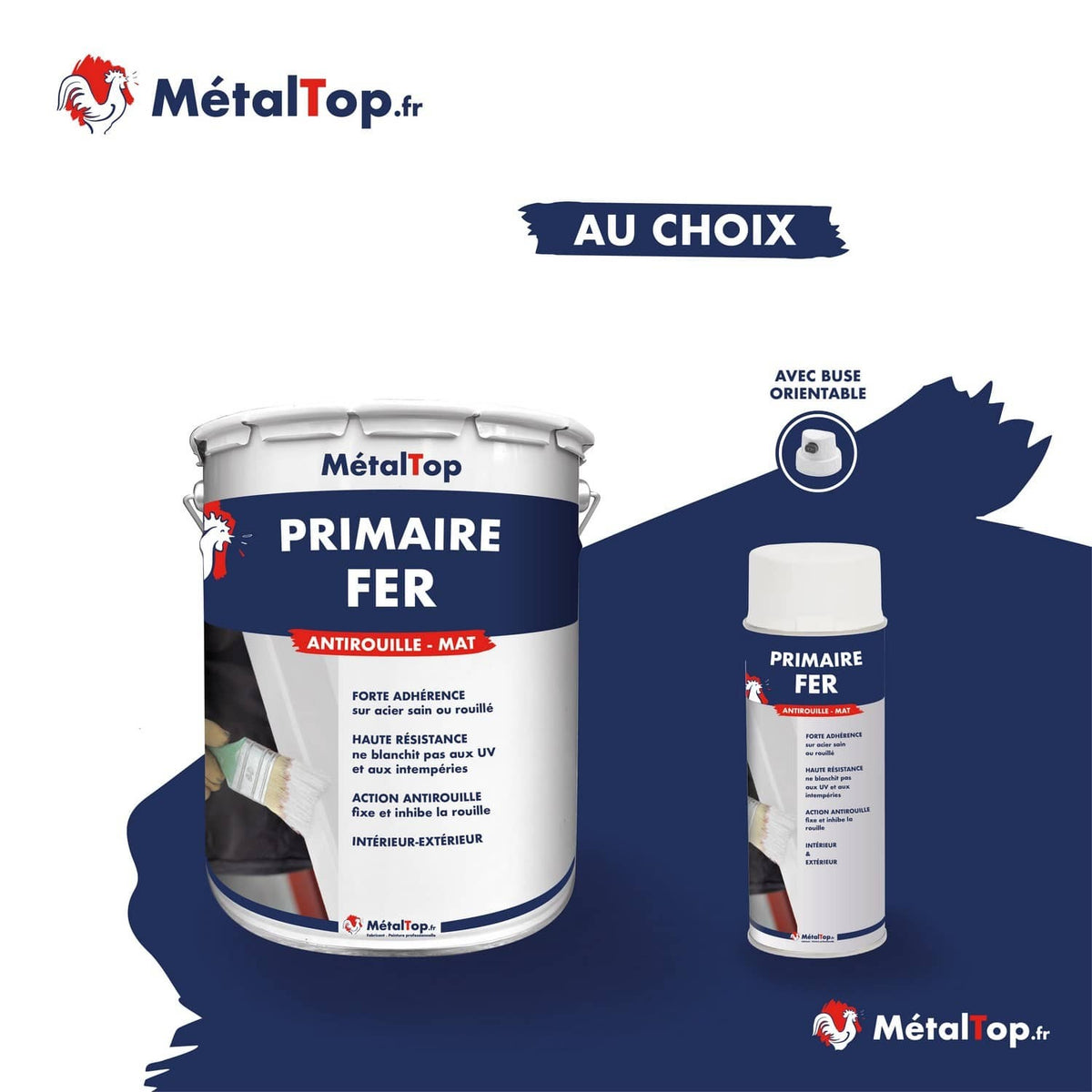 Pot de primaire fer antirouille mat MétalTop et bombe aérosol à buse orientable