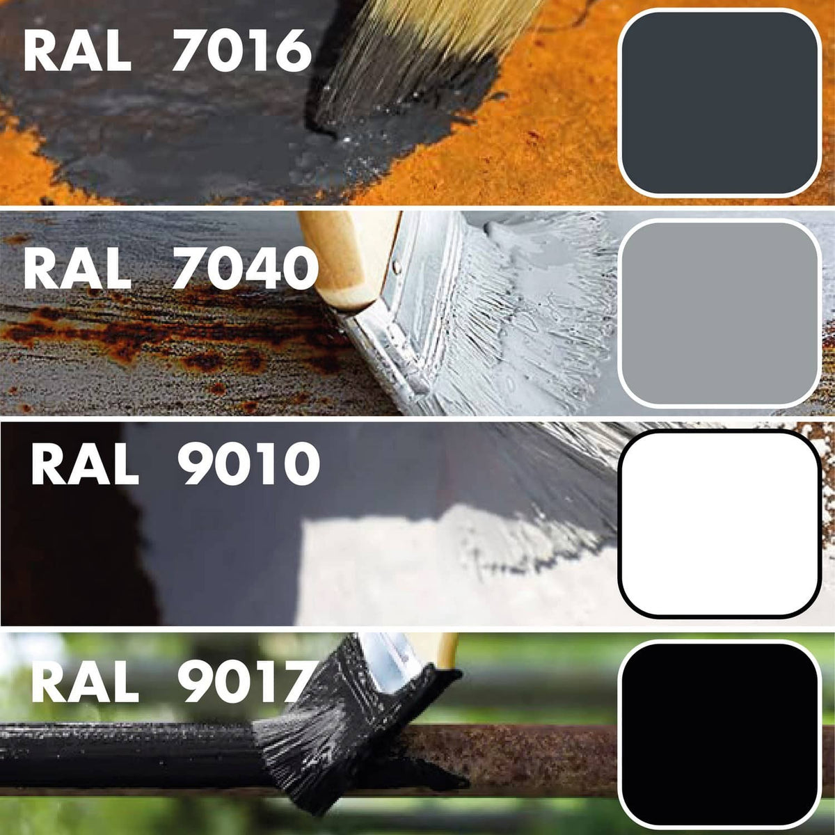 Nuancier de peintures RAL 7016, 7040, 9010 et 9017 appliquées sur du métal rouillé