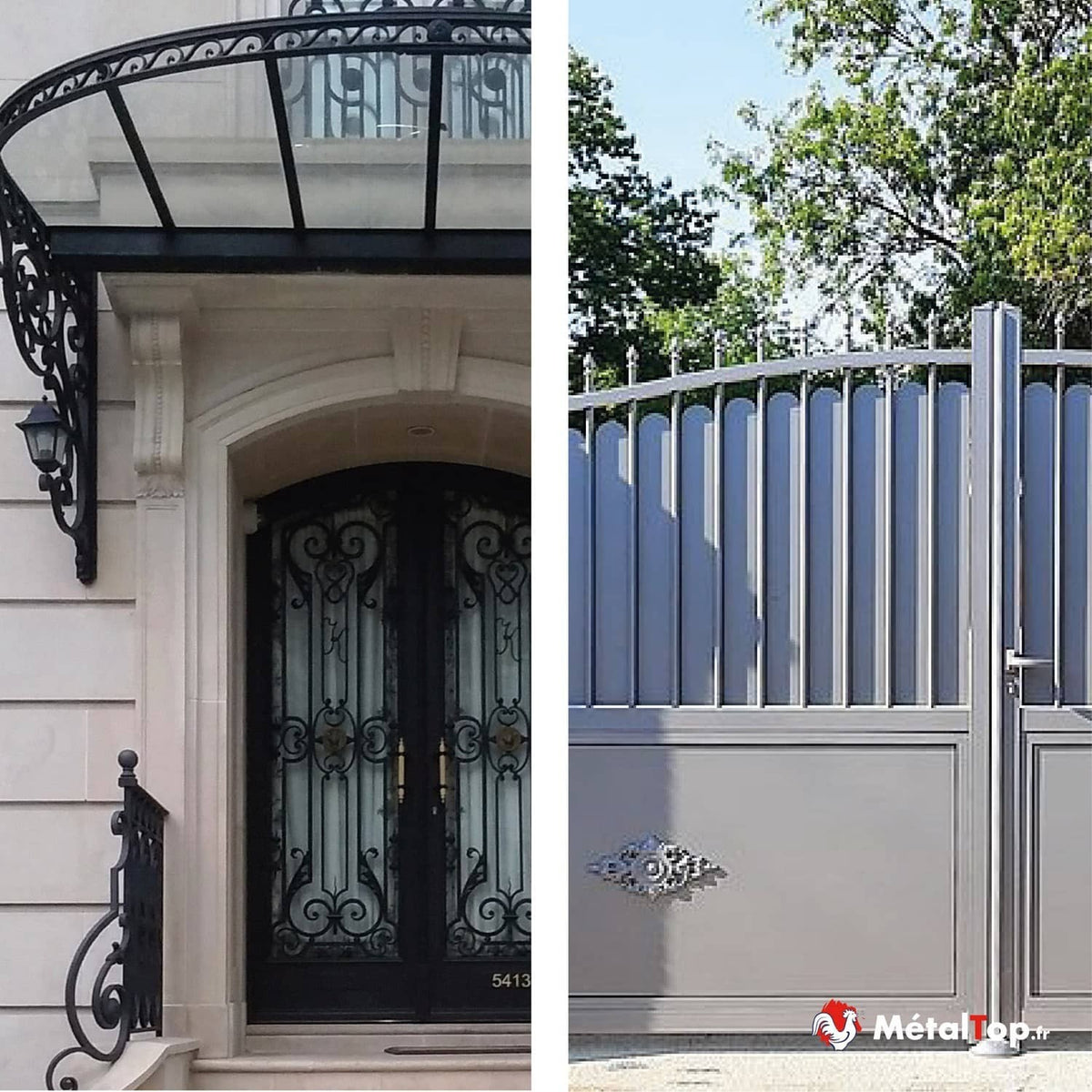 Porte en fer forgé noir cintrée avec auvent vitré et portail gris en aluminium à lames arrondies