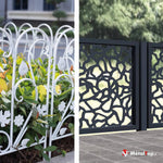 Clôture métal blanche à fleurs et feuilles, panneau anthracite ajouré à motif organique