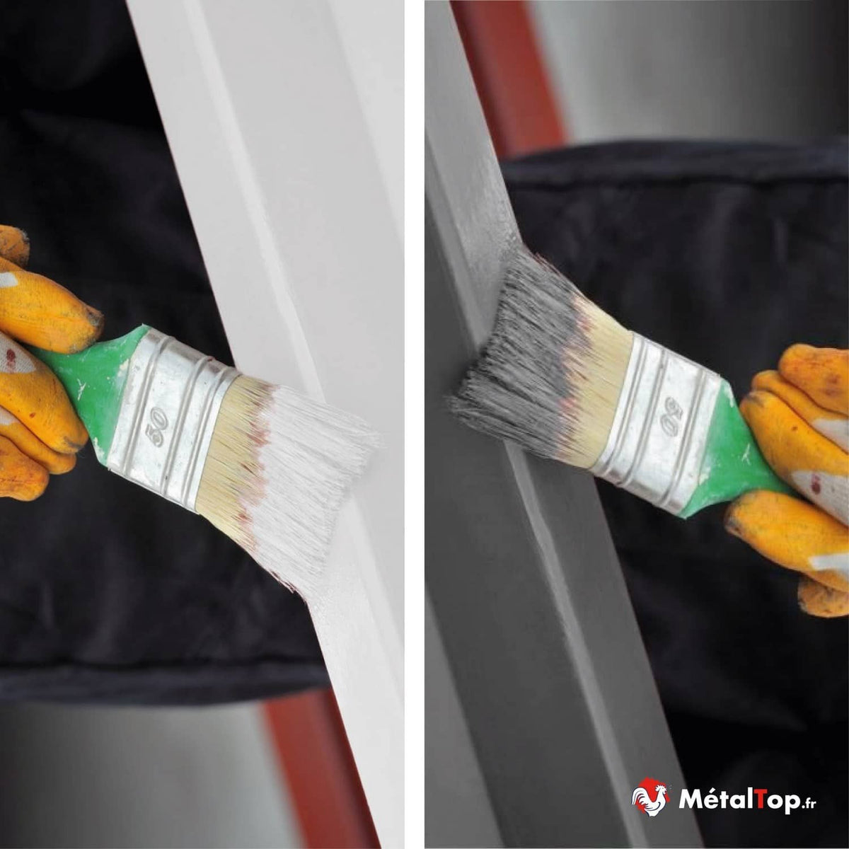 Application de peinture blanche et grise au pinceau sur un profilé métallique