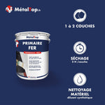 Pot de primaire fer antirouille mat MétalTop : séchage 2 h par couche, 1 à 2 couches