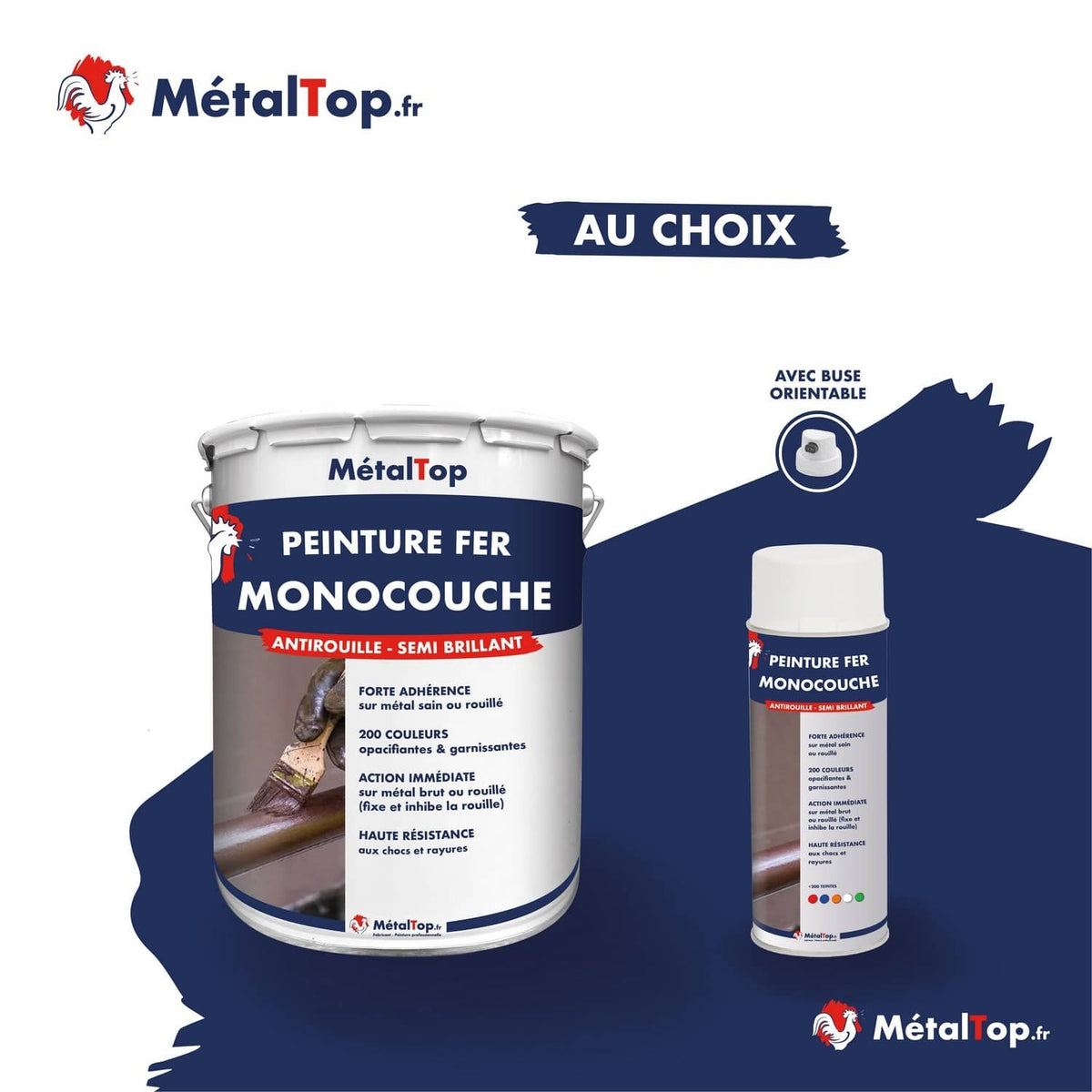Pot et aérosol de peinture fer monocouche MétalTop antirouille semi brillant bleu marine