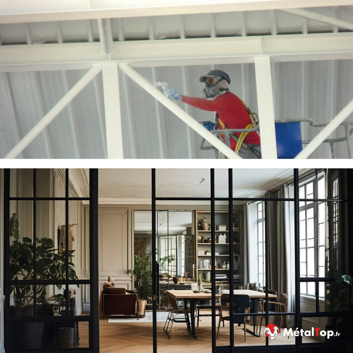 Peinture d'une charpente métallique blanche par un ouvrier, et verrière noire dans un salon haussmannien