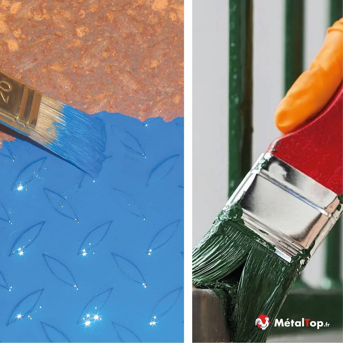 Peinture bleue appliquée au pinceau sur du métal rouillé et peinture verte sur une grille métallique
