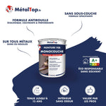 Pot de peinture fer monocouche antirouille semi brillant MétalTop, tenue jusqu'à 15 ans