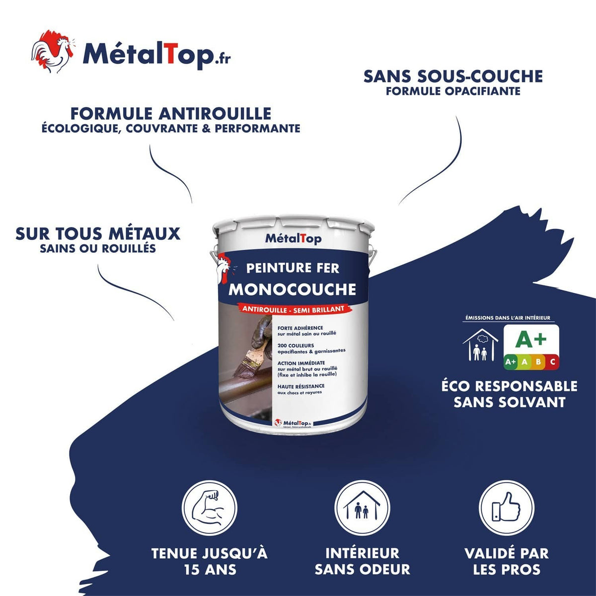 Pot de peinture fer monocouche antirouille semi brillant MétalTop, tenue jusqu'à 15 ans