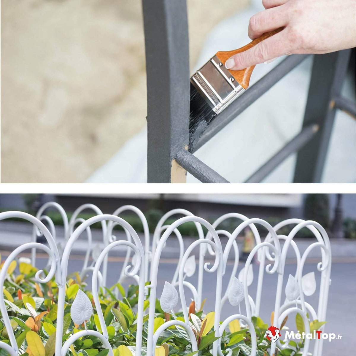 Peinture au pinceau d'une clôture métallique grise et bordure de jardin blanche en fer forgé