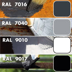 Nuancier de peintures RAL 7016, 7040, 9010 et 9017 appliquées au pinceau sur du métal rouillé