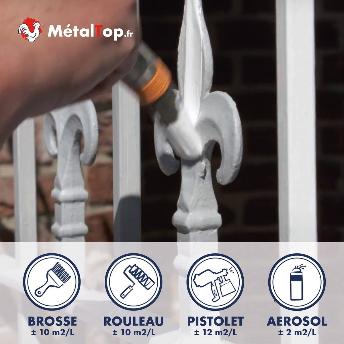 Peinture blanche sur grille en fer forgé à fleurs de lys : brosse, rouleau, pistolet, aérosol
