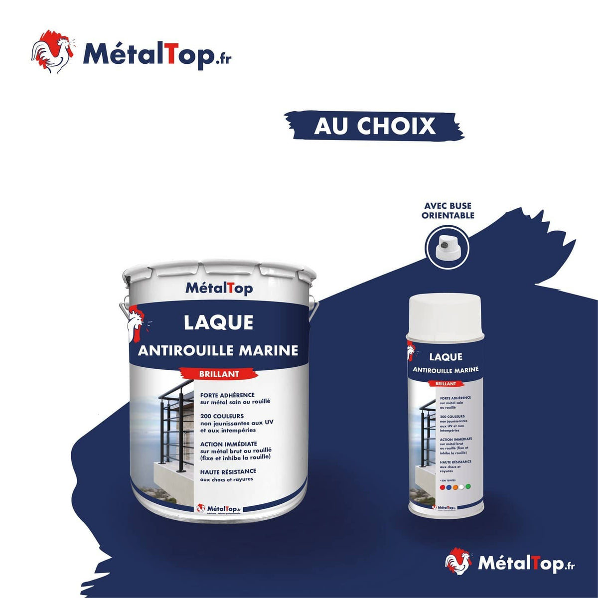 Laque antirouille marine bleu foncé MétalTop en pot et en bombe aérosol