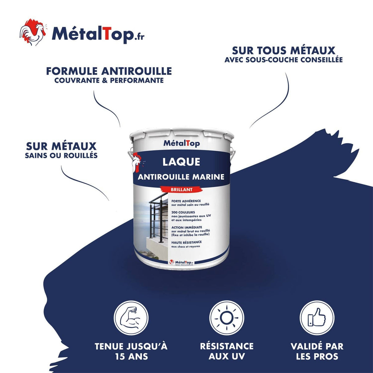 Pot de laque antirouille marine brillant MétalTop, bleu marine, pour métaux sains ou rouillés