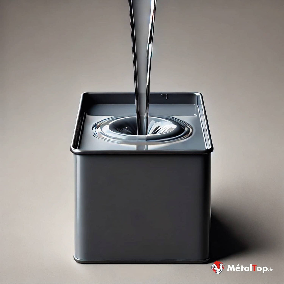 Boîte métallique grise carrée recevant un jet d'eau qui crée des ondulations en surface