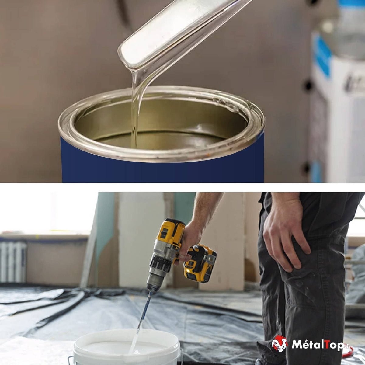 Peinture versée depuis une spatule dans un pot bleu, et mélange de peinture blanche à la perceuse