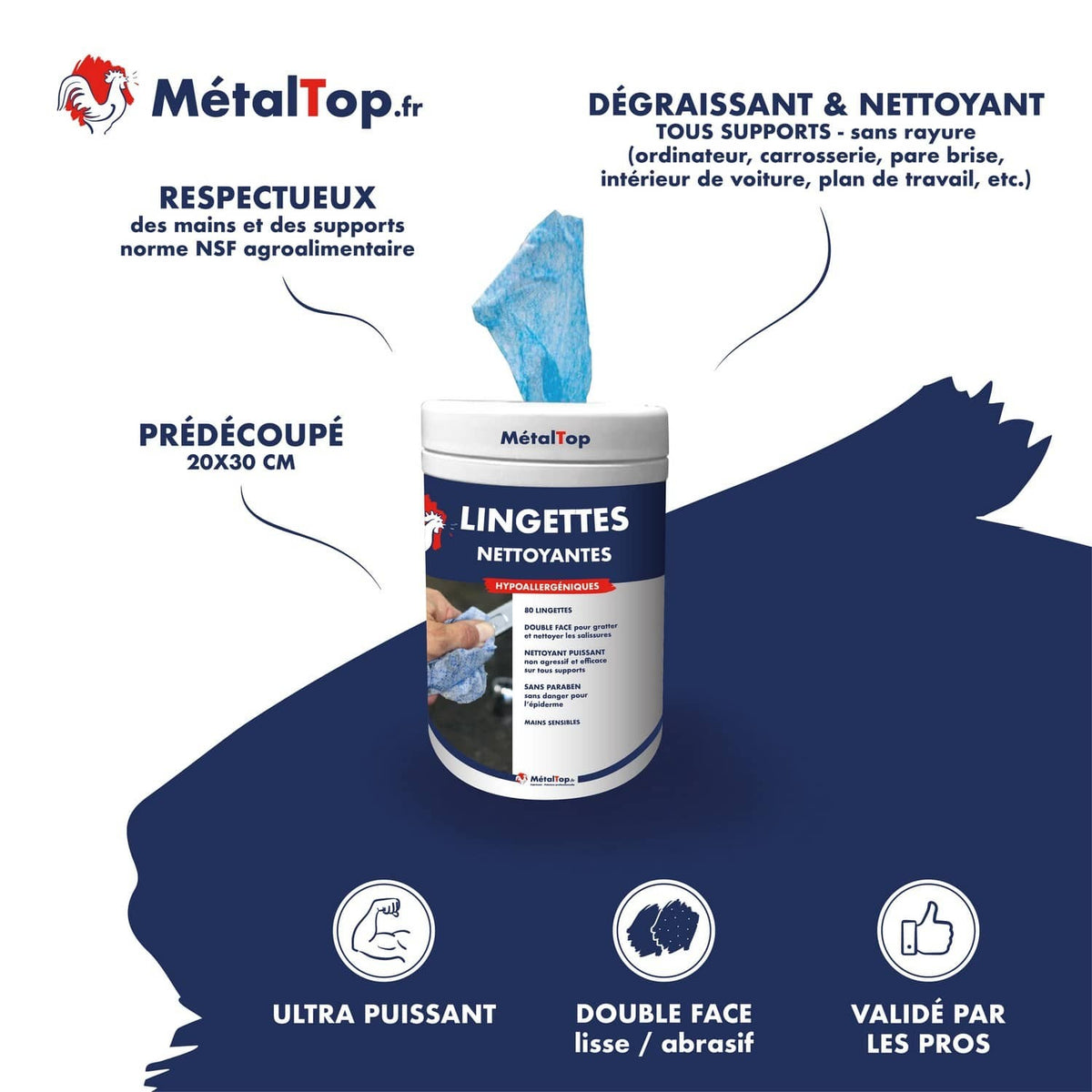 Boîte de 80 lingettes nettoyantes MétalTop bleues, double face lisse/abrasif, dégraissantes
