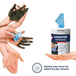 Mains salies nettoyées avec une lingette bleue, boîte de lingettes nettoyantes MétalTop