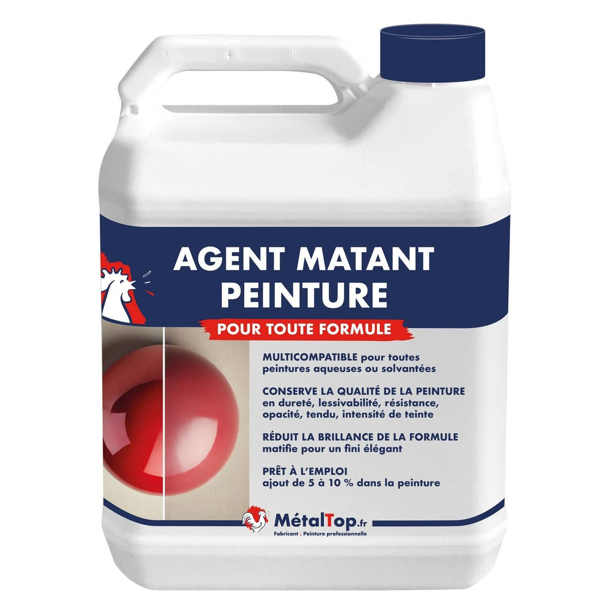 Bidon blanc d'agent matant peinture MétalTop, pour toutes peintures aqueuses ou solvantées