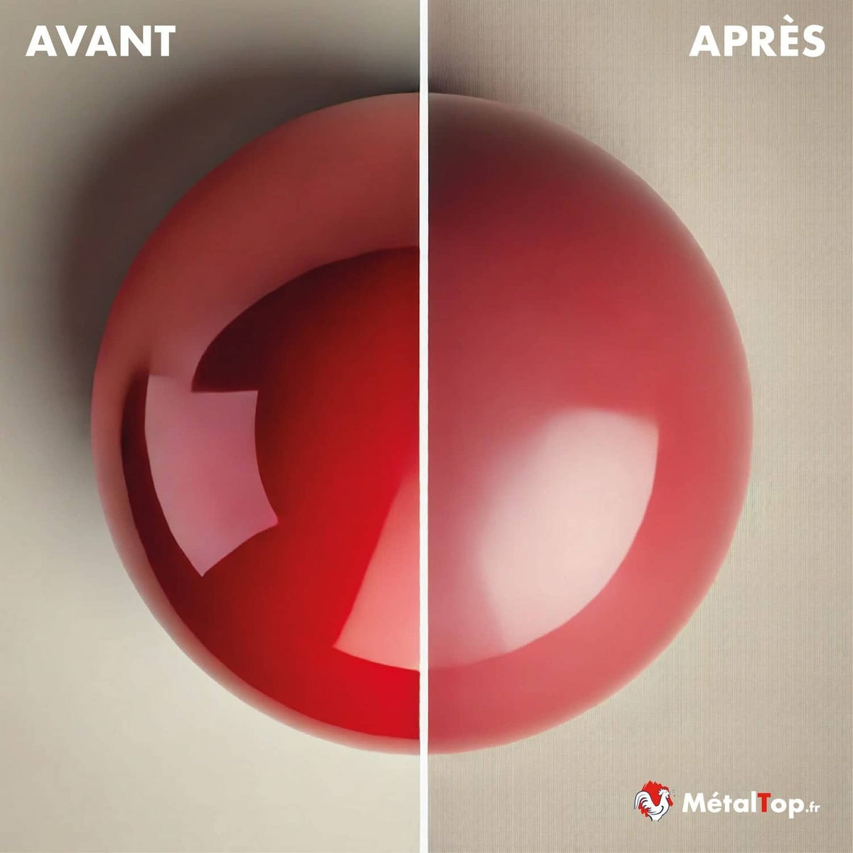 Sphère rouge brillante avant et mate après traitement MétalTop