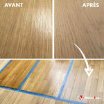 Nettoyage de parquet en chêne avant/après : lames ternes et tachées, puis éclaircies et uniformes