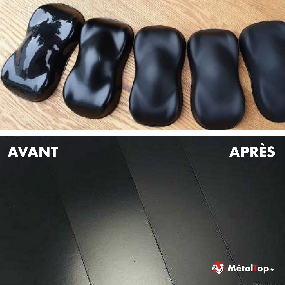 Comparatif avant/après de peinture noire : du brillant au mat, échantillons MétalTop.fr