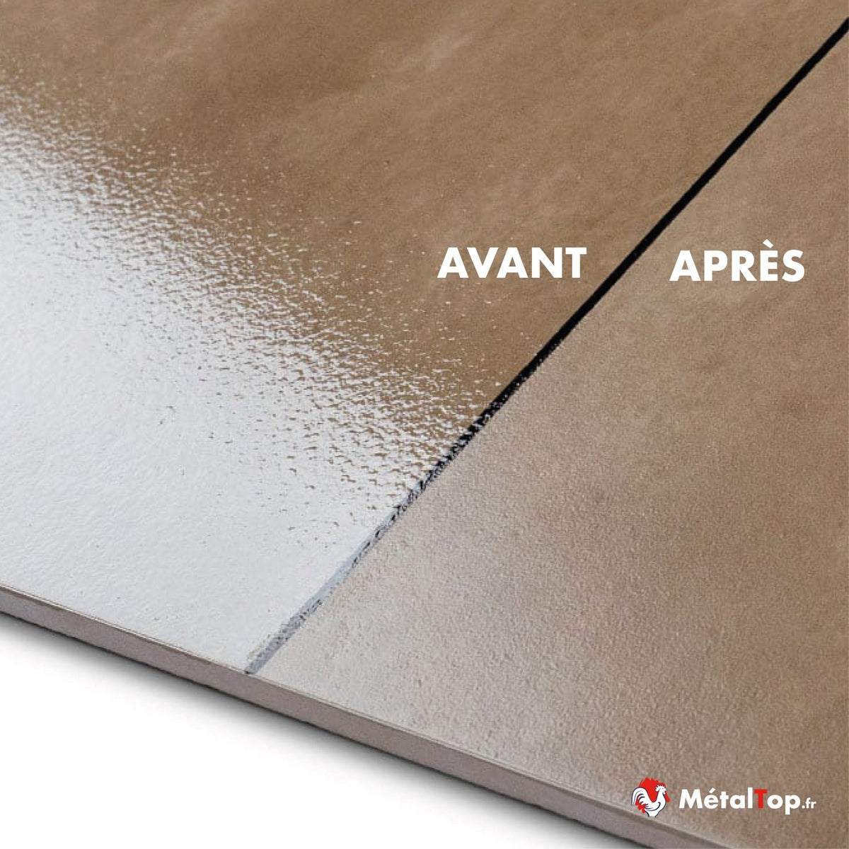 Comparatif avant/après sur surface beige : zone blanche granuleuse à gauche, surface lisse à droite