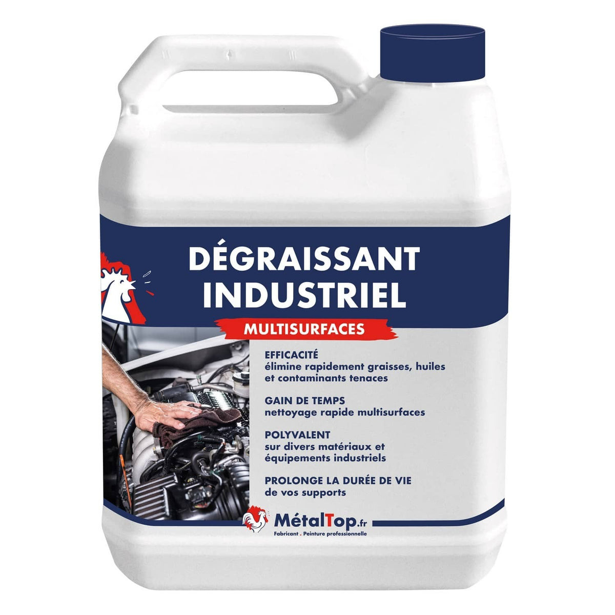 Bidon de dégraissant industriel multisurfaces MétalTop, blanc, avec bouchon bleu