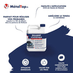 Bidon de diluant synthétique MétalTop pour peinture et vernis, avec mentions des avantages et usages