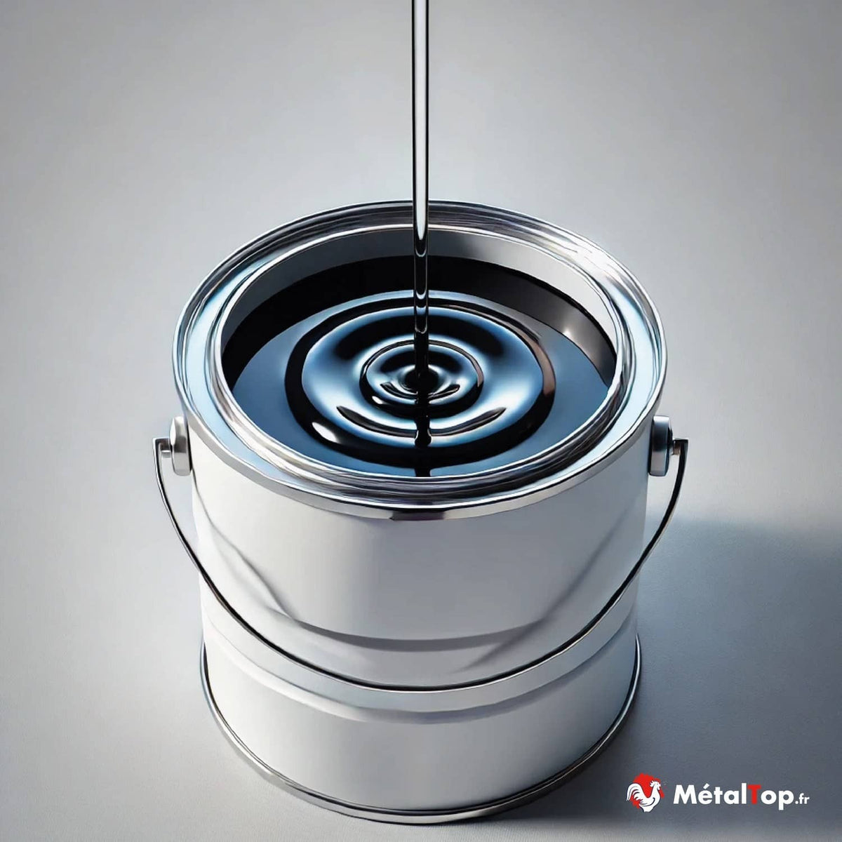Pot de peinture blanc métallique avec peinture bleu foncé qui coule en cercles