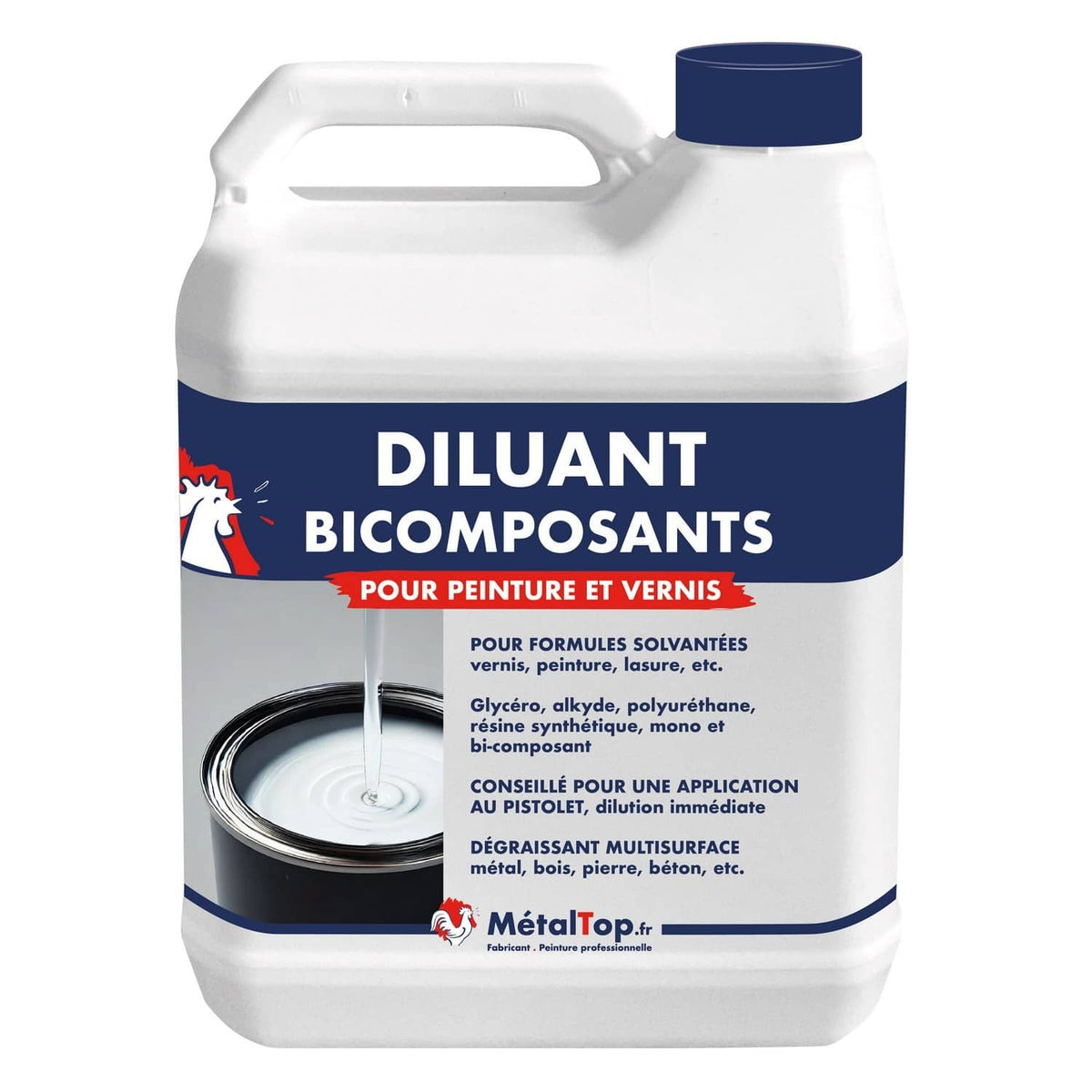Bidon de diluant bicomposants MétalTop pour peinture et vernis, bouchon bleu marine