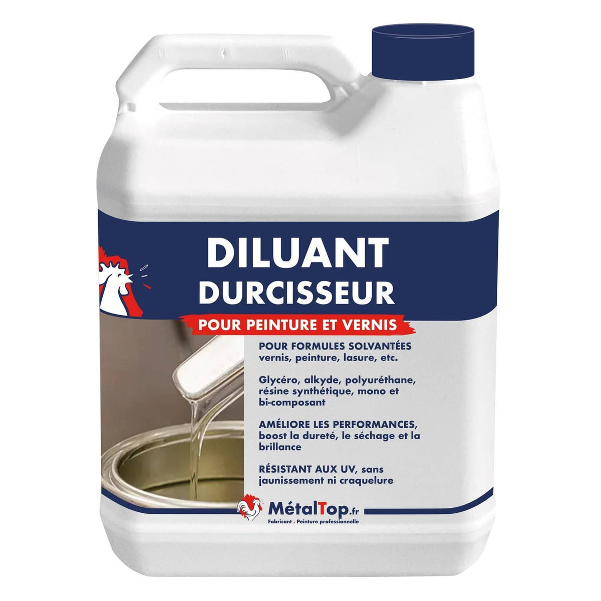 Bidon blanc Diluant Durcisseur MétalTop pour peinture et vernis, étiquette bleue et rouge