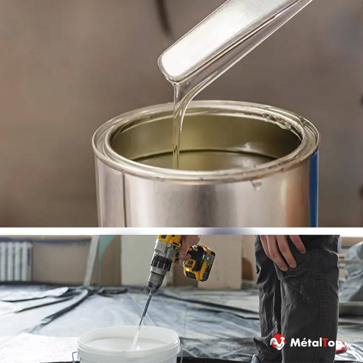 Peinture blanche versée dans un pot métallique, et malaxage à la perceuse dans un seau sur bâche