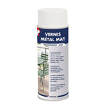 Bombe aérosol de vernis métal mat transparent MétalTop, devant des chaises et une table de jardin vertes