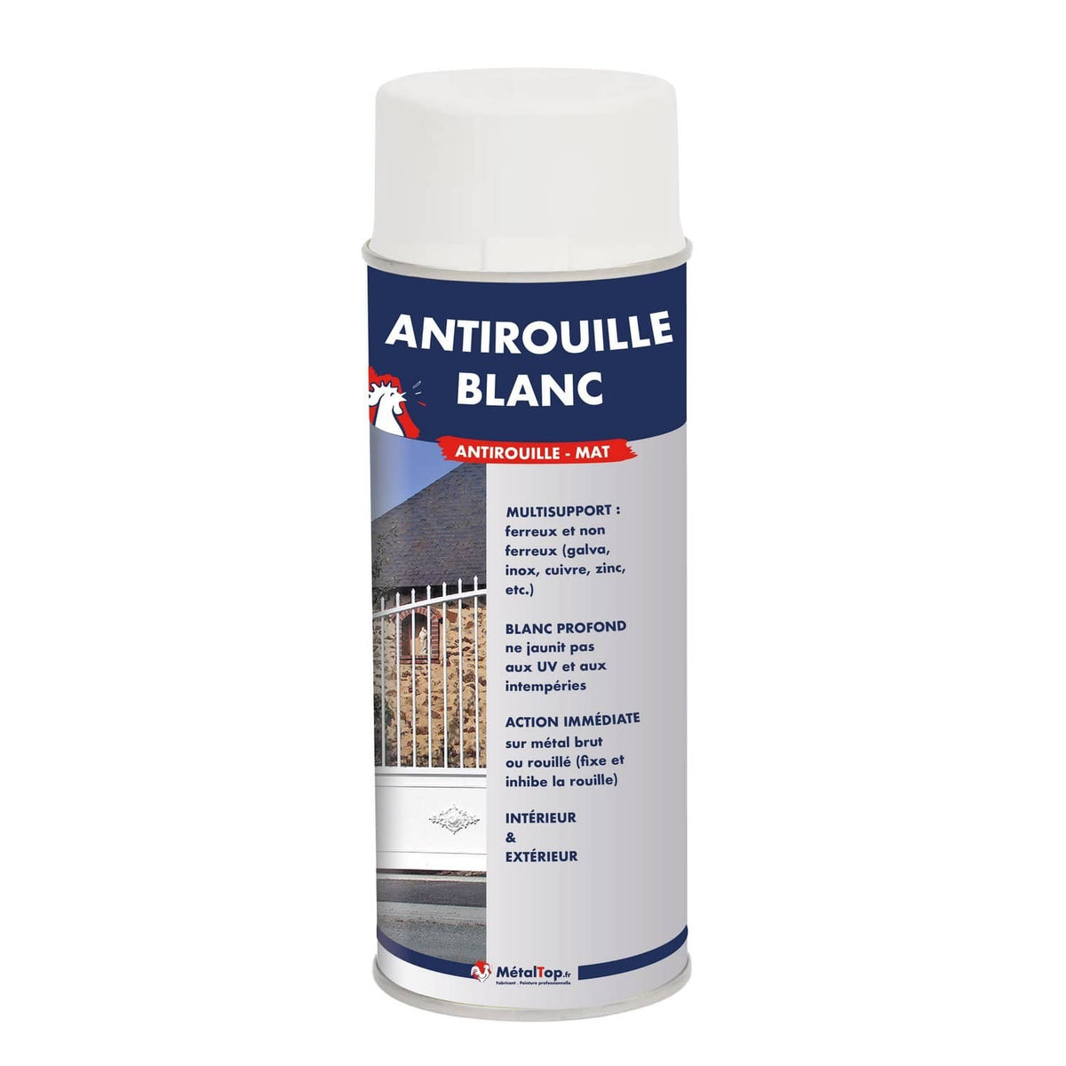 Bombe aérosol Antirouille blanc mat MétalTop, avec photo d'une grille blanche en fer forgé