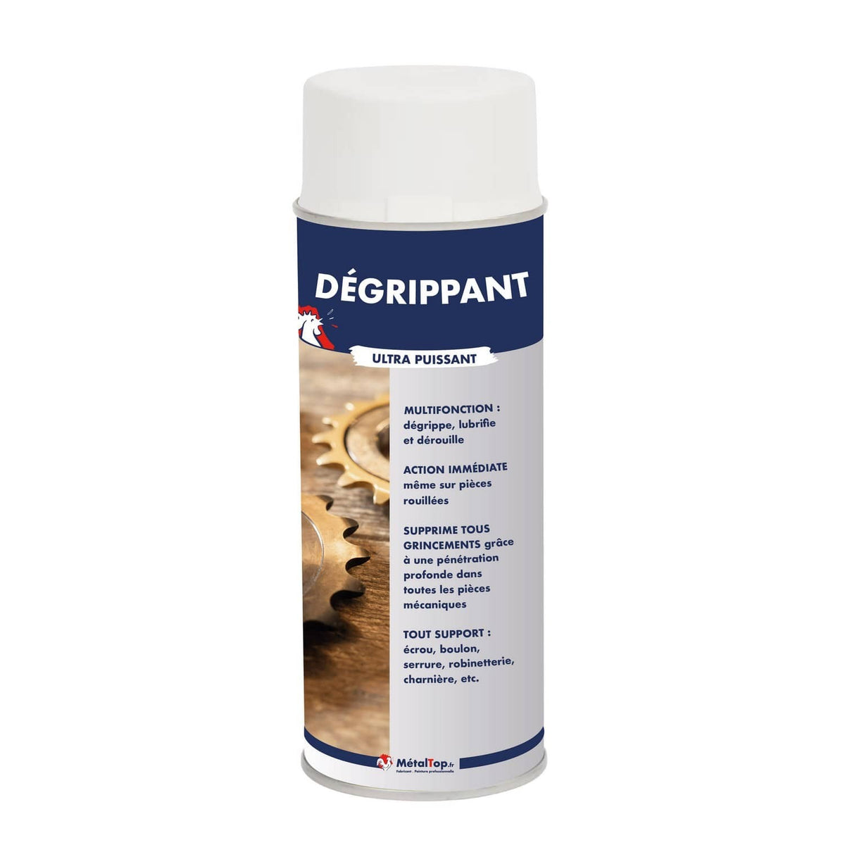 Bombe aérosol de dégrippant MétalTop ultra puissant devant des pignons de chaîne dorés